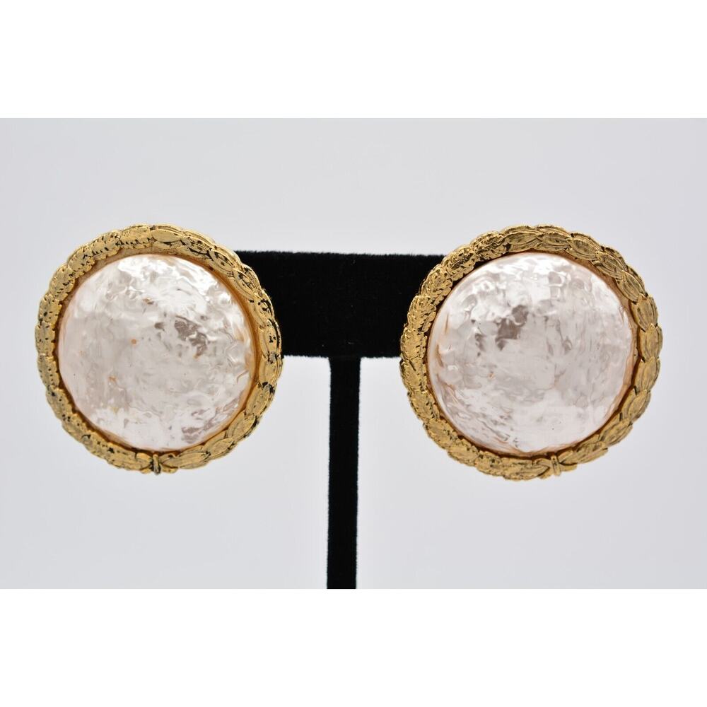 Butler & Wilson Vintage Clip On Earrings Gold Pearl Heavy Chunky Signed BinAV
